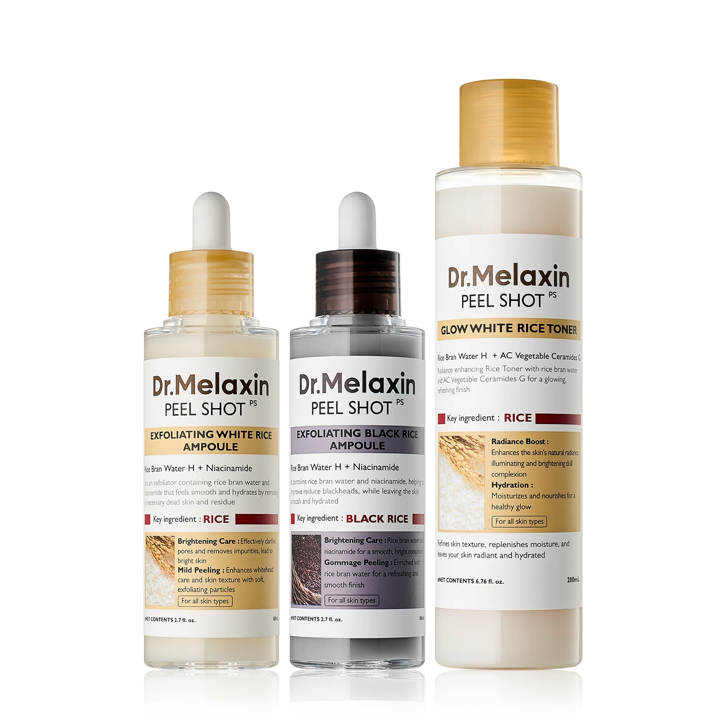 Dr.Melaxin | Kit Exfoliante de 3 Pasos con Arroz y AHA + BHA — Destapa Poros, Ilumina y Alisa la Piel sin Resecar